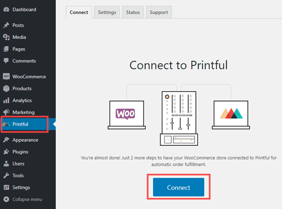 Нажмите кнопку, чтобы подключить Printful к WooCommerce