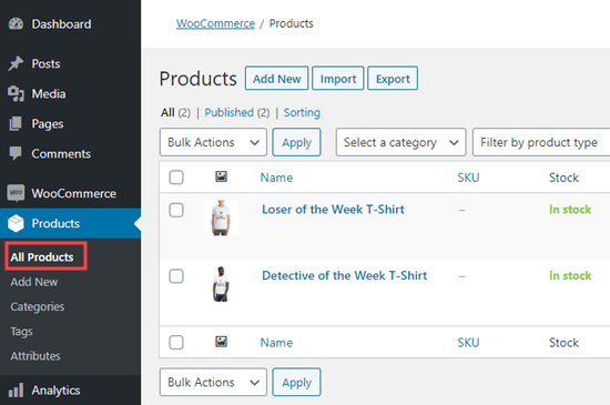Список продуктов печати по требованию в WooCommerce, просмотренный на панели управления WordPress