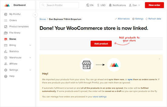 Il tuo negozio WooCommerce è ora collegato al tuo account Printful