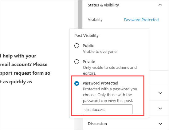 Password che protegge la pagina con il modulo in WordPress