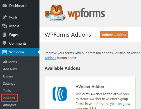 La pagina dei componenti aggiuntivi di WPForms nel tuo amministratore di WordPress
