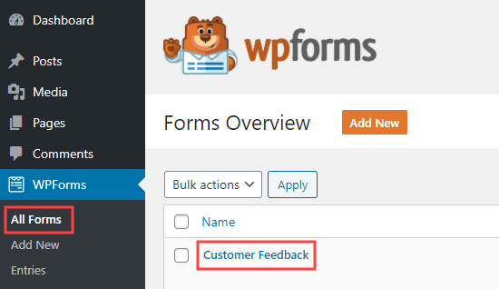 Editing your questionnaire form in WPForms