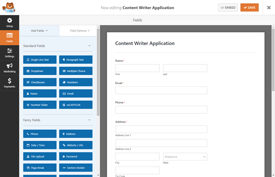 The default job application upload form template in WPForms