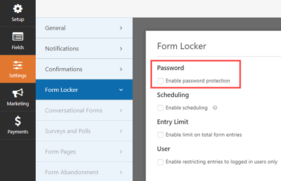 Andando alla pagina delle impostazioni di Form Locker in WPForms e selezionando la casella della password