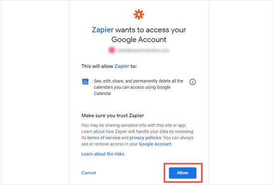 Autorizza Zapier ad accedere al tuo Google Calendar
