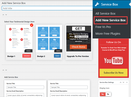 Creazione di un nuovo set di box di servizi in WordPress