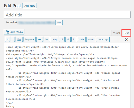 Viewing the HTML code of your post in the classic editor