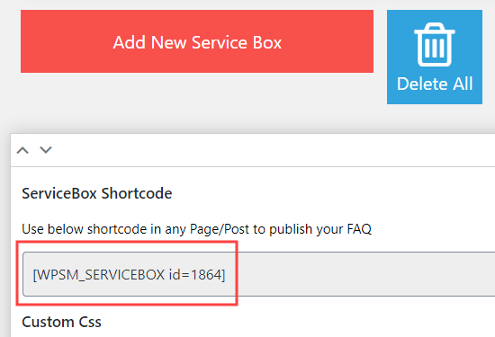 Ottieni lo shortcode che ti consente di aggiungere le caselle dei servizi in una pagina, un post o un'area widget