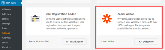 Installazione dell'addon Zapier per WPForms