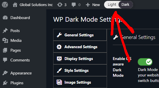 Тумблер в админке WordPress для переключения между светлым (нормальным) и темным цветом для вашего интерфейса администратора