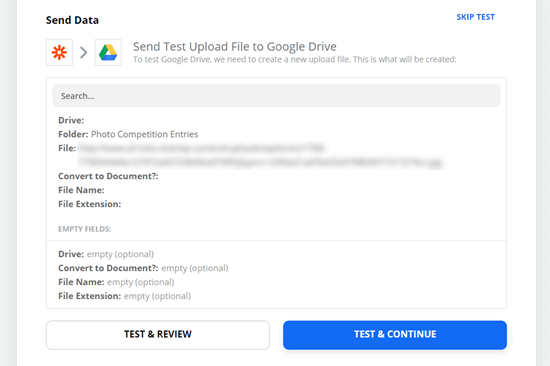 Invio del file di prova a Google Drive utilizzando Zapier