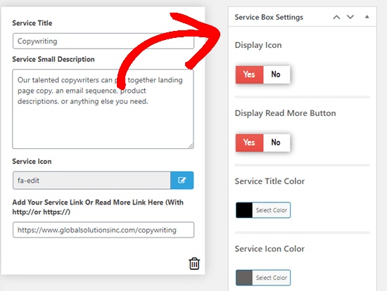 Service Box Settings Options