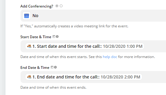 Select the correct fields from your form for the start and end times of the event