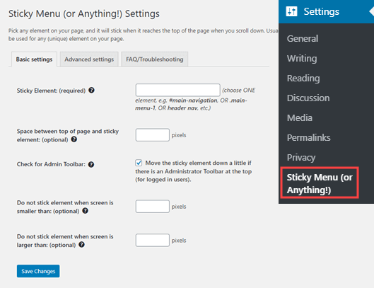The Sticky Menu plugin's settings page