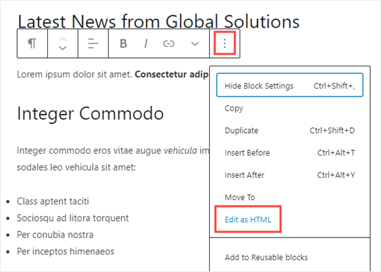 Switching to the HTML view of a block in WordPress