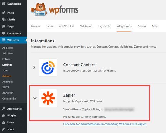 Получение ключа API Zapier из WPForms