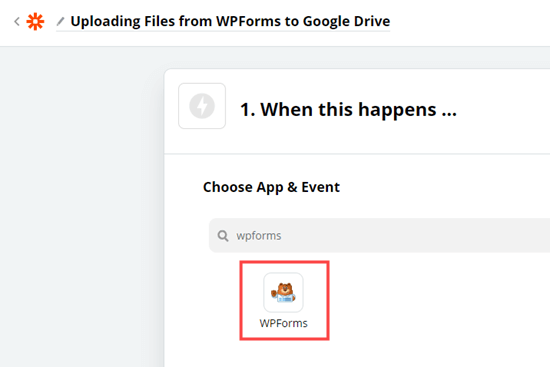 Scegliere l'app WPForms in Zapier