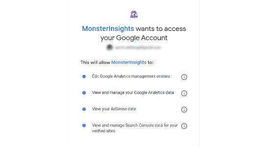 consentire a monsterinsights di accedere all'account Google