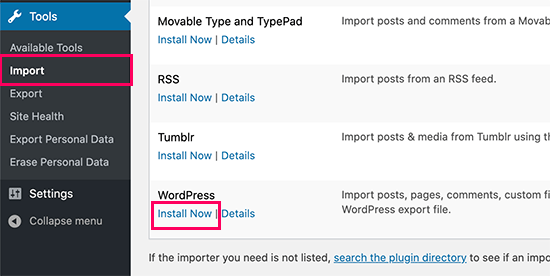Установите импортер WordPress