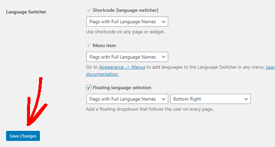 Choosing your language picker options and saving your changes in TranslatePress