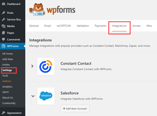 WPForms & # 039; Impostazioni: scheda Integrazioni nell'amministratore di WordPress