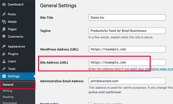 WordPress site URL setting