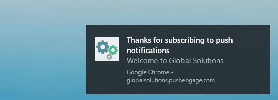 The welcome / thank you notification message, as seen by the user