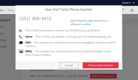 Выберите номер телефона для использования с Twilio
