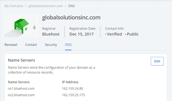 Страница настроек DNS для вашего домена в Bluehost