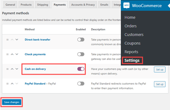 Enabling cash on delivery in WooCommerce