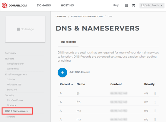 הצגת פרטי ה- DNS עבור קבוצת המחשבים Domain.com שלך