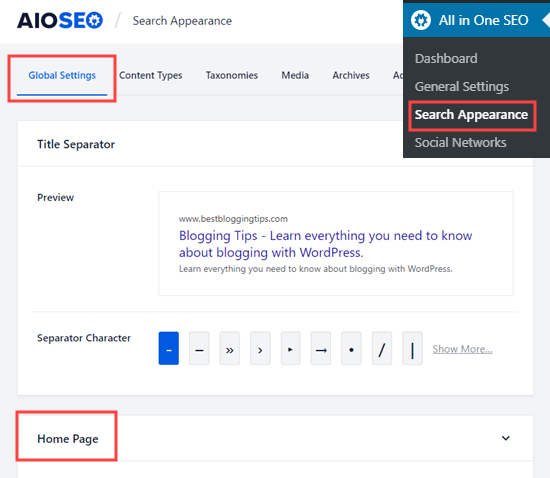 The Homepage section in your search appearance settings for All in One SEO