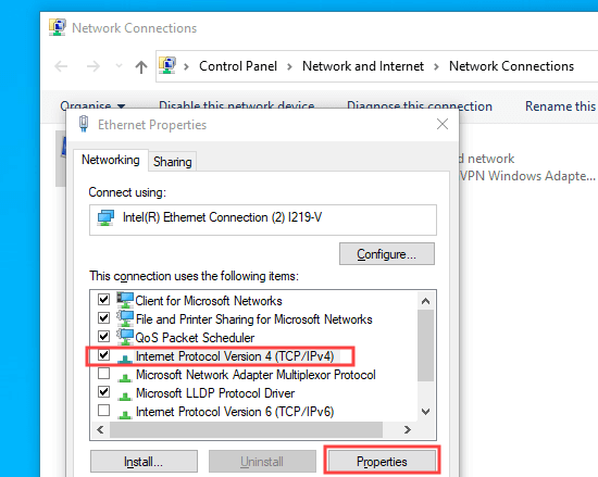 Selezione dell'opzione Protocollo Internet versione 4 (TCP / IPv4)