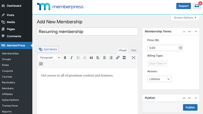 Добавление нового членства в MemberPress