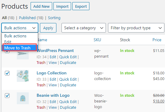 Move Products Trash Woocommerce