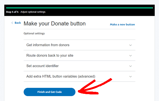 ایجاد دکمه اهدا خود را به پایان برسانید و کد مربوط به آن را دریافت کنید