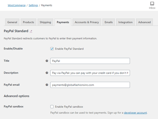 Ввод адреса электронной почты PayPal и настройка PayPal в WooCommerce