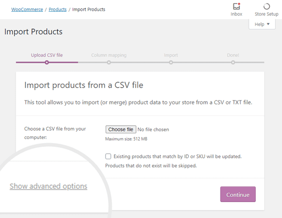 Show Advanced Options Woocommerce Import