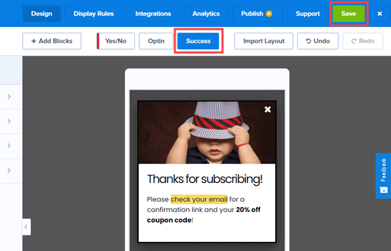 Success View Save Button Optinmonster