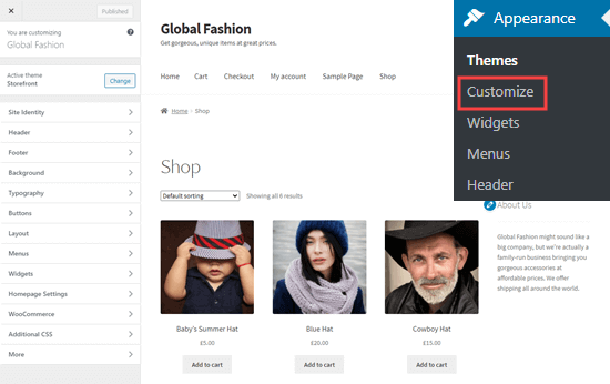 The WordPress theme customizer, showing the main shop page
