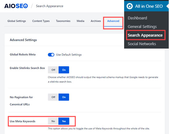Turning on the meta keywords option in All in One SEO
