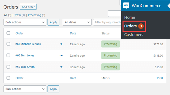 Visualizzazione dei tuoi ordini di esempio in WooCommerce