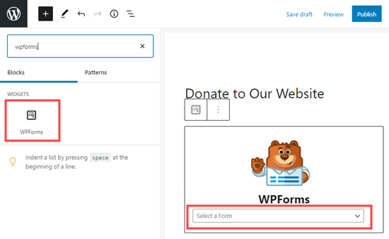 Creazione di un blocco WPForms e selezione del modulo dall'elenco a discesa