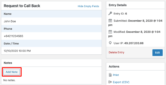 Add a note in WPForms entries