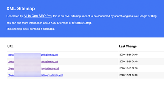 All in One SEO XML sitemap preview
