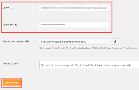 Ввод идентификатора клиента и секрета клиента в настройках WP Mail SMTP