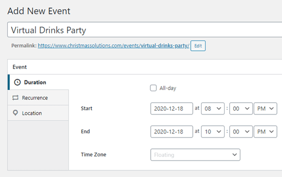 Enter a date and time for your event