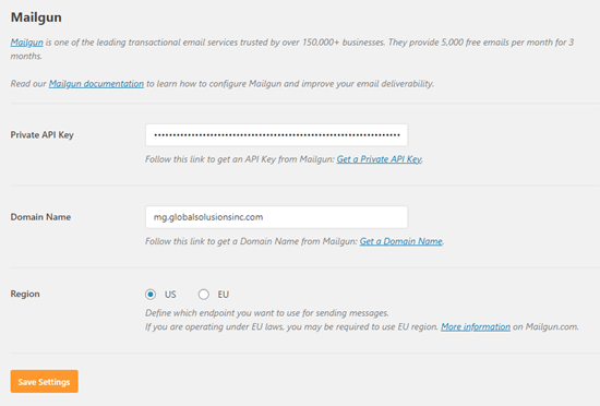 Inserendo la tua chiave API privata nelle impostazioni di Mailgun