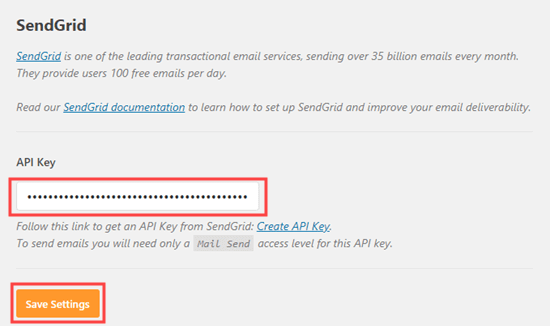 Ввод API от SendGrid в настройки SMTP WP Mail