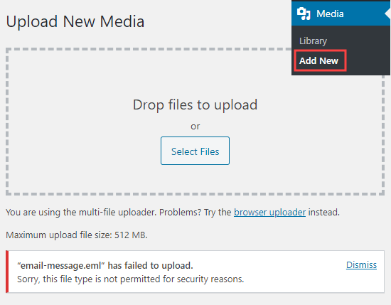 Uploading a file in Media Library that shows the file not permitted security message